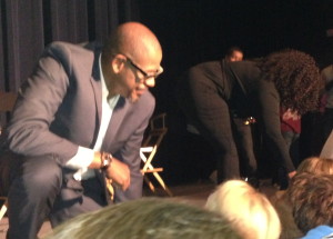 Forest Whitaker and Oprah Winfrey leaning over to talk to the audience members after the post-screening Q&A. Photo by Karen Salkin.