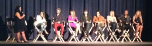 The cast of Austenland doing a post-industry screening Q-and-A session. The first three on the left, after the moderator, are Keri Russell, Bret McKenzie, and Jane Seymour.  Jennifer Coolidge is at the very right.  Photo by Karen Salkin.