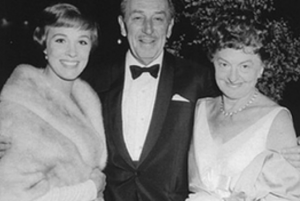 (L to R): Julie Andrews, who played Mary Poppins in the 1964 Disney film, the real Walt Disney, and the real P. L. Travers.