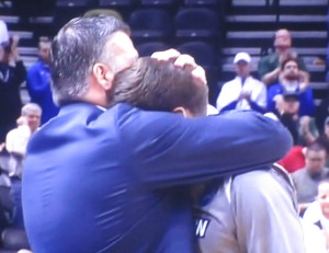 Creighton coach, Greg McDermott, hugging his senior son, (and one of the best college players in the country, due to go high in this year's NBA draft,) Doug McDermott, after their second round loss to Baylor.   Photo by Karen Salkin.
