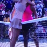 Monica Puig, on the right, congratulating Andrea Petkovic, the good sport way!  Pay attention, Genie Bouchard!  Photo by Karen Salkin.