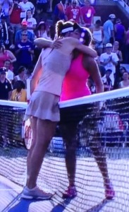 Monica Puig, on the right, congratulating Andrea Petkovic, the good sport way!  Pay attention, Genie Bouchard!  Photo by Karen Salkin.