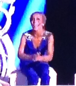 I know this is a fuzzy picture, but I love it.  Mr. X asked me who that was, sitting in the background of the talent competition.  He asked (jokingly) if it was Carol Burnett!!!  I said it looked more like Felicity Huffman.  Either way, it was not a good-looking woman.  And guess who it turned-out to be?  The new Miss America!!!  Wow. Photo by Karen Salkin.