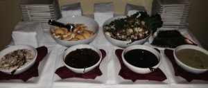 The salad and sauces table.  Please excuse the blur--I was in a rush to start eating!  Photo by Karen Salkin.
