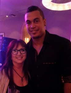 Karen Salkin (wearing glasses to disguise the fact that she had cried all her make-up off in the above-mentioned screening, so don’t judge) and Giancarlo Stanton. Photo by Alice Farinas.