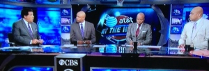 The CBS analysts, looking very coordinated, which I love.  (L to R) Greg Gumbel, Clark Kellogg, Kenny Smith, Charles Barkley.) Photo by Karen Salkin.