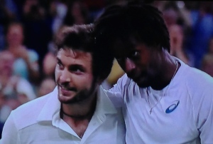 Frenchmen Gilles Simon and Gael Monfils walking off the court together after Gilles had just beaten Gael.  Great guys, both!  Photo by Karen Salkin.