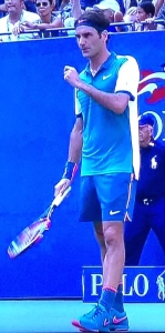 Roger Federer's creamy blue and pink outfit.  Photo by Karen Salkin.