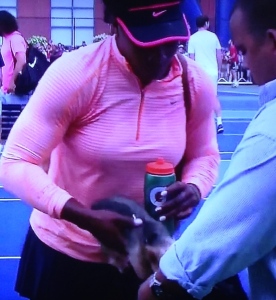 Serena Williams, just dumping her little dog into its bag.  Ugh.  Photo by Karen Salkin.