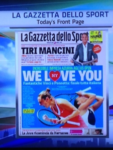 The Italian newspaper, heralding the first all-Italian Final! Photo by Karen Salkin.
