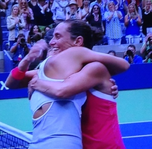 The US Open Champion (in white) Flavia Penetta, and the runner-up, Roberta Vinci, in red. Photo by Karen Salkin.