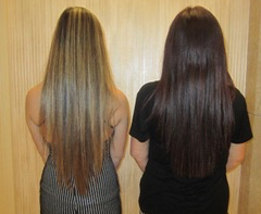 The hair of Karen Salkin and her new teen-age pal, Julia.  Guess which is which?  Photo by Beverly Hilton staff.