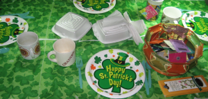 This is how you throw an impromptu St. Pat's afternoon tea!  I did it for my mother and my friend Carol at my mom's house in Brooklyn in 2009. And yes--I DID have those plates and tablecloth already on hand!  Photo by Karen Salkin.