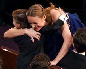 Winner Brie Larson turned right to her litlte co-star, Jacob Tremblay, to share a celebratory hug.