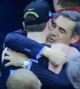 Villanova coach, Jay Wright, celebrating with his favorite player of all time, Ryan Arcidiacono, (who he says is practically himself!)  I'm really happy for those two.  Mr. X always says that Jay looks like George Clooney, and then one of the commentators said it, too!  Photo by Karen Salkin.