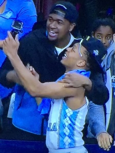 Here's one of my favorite stories of the tourney--Villanova's Kris Jenkins and UNC's Nate Britt, who are virtually brothers, (look up that story,) celebrating that they both made the Final Four. Photo by Karen Salkin.
