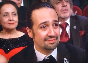 Lin-Manuel Miranda being truly touched and happy  for his co-star to have beaten him out for Best Actor in a Musical.  The best part of this pic, for me, is Lin's classy parents behind him. Photo by Karen Salkin.
