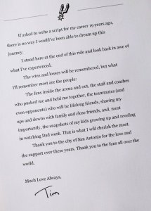 Tim Duncan's classy "farewell" note to his many fans.