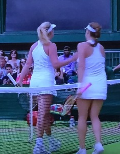 Coco Vandeweghe, on the left, being rude once again.  She gave her defeater the coolest handshake perhaps in history! (Quite a contrast from the photo right above.) And this picture doesn't even do it justice. Photo by Karen Salkin.