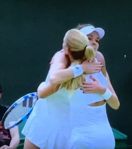 Aga Radwanska (facing us) hugging Dominika Cibulkova. Photo by Karen Salkin.