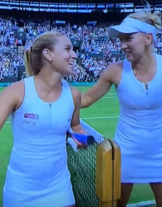 Can you tell who won this match?  It's Elena Vesnina, on the right.  Isn't Dominika Cibulkova, (on the left,)  the most pleasant loser ever?!  Photo by Karen Salkin.