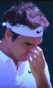 Roger Federer's uber-shiny hair.  Photo by Karen Salkin.