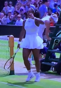 Serena Williams, looking great in her white tennis dress.  Photo by Karen Salkin.