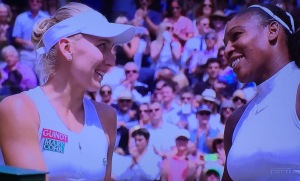 Elena Vesnina again, on the left, right after losing her Semi-Final match to Serena Williams, on the right.  Elena is always happy, win or lose.  That's the right attitude to have!  I became a fan during this tournament.  Photo by Karen Salkin.
