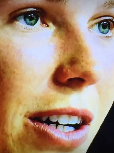 How does otherwise-attractive Caroline Wozniacki not know enough to remove her moustache?? Photo by Karen Salkin.