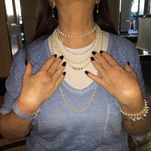 Karen Salkin, rocking all her pearls because this was Pearl xChange! (And no--even though the VIP wristband matched her shirt perfectly, she did not have advance info on what color they would be!) Photo by Alice Farinas. 