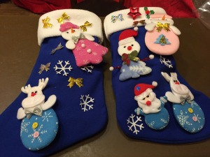 The hand-decorated stockings.  Roz's is on the left, Karen's on the right. Photo by Karen Salkin.  