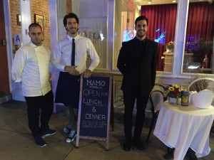 (L to R) Chef Matteo, server Andy, and captain Andrea, in front of Mamo. Love those Italian men! Photo by Karen Salkin.