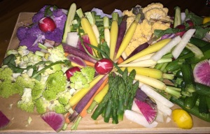 A colorful veggie platter.  Just look at that purple and green cauliflower!!! Photo by Karen Salkin.