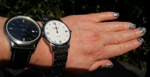 Karen Salkin modeling a pair of Jiusko watches, which  match her nails! Photo by Alice Farinas.