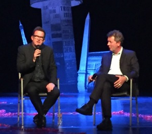Matthew Bourne speaking after the opening night show, with Wallis Artistic Director Paul Crewes. Photo by Karen Salkin.