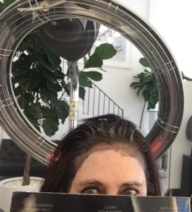 Karen Salkin's hair and brow color setting under the heat "halo." Photo by Karen Salkin.