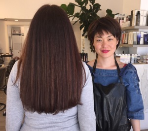 Karen Salkin's finished hair, done by Sayuri Tsuchitani (pictured) of Salon Kazumi. Photo by Jennifer Carmody.