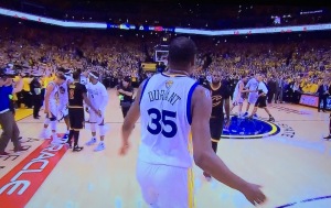 It's so odd that not only does not even one teammate rush over to celebrate with Kevin Durant, but you can see that LeBron James, in black, walking towards Durant in the center, is the only person on the floor who has that thought at the buzzer! Photo by Karen Salkin.