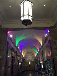 The Wallis ceiling, lit-up for Gay Pride Month. Photo by Karen Salkin.