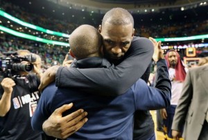 LeBron James embracing Isaiah Thomas, I'm assuming when their teams met after Isaiah's younger sister had died.
