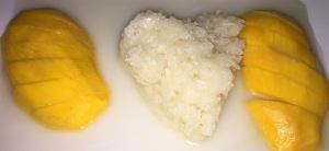 Mango with sticky rice.  (Do you think the heart-shape on the rice was because they love me?)  Photo by Karen Salkin.