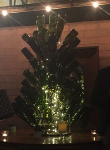 An interesting decoration on the patio--a Xmas tree made out of empty wine bottles! Photo by Karen Salkin.