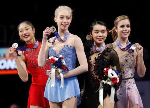The 2018 Ladies medalists. (L-R) Silver medalist Mirai Nagasu, Champion Bradie Tennell, Bronze medalist Karen Chen, and Pewter medalist (yes, there IS such a thing,) Ashley Wagner.