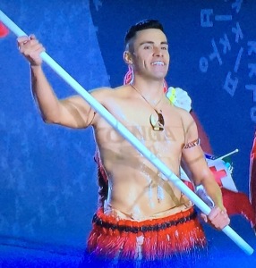 Pita Taufatofua oiled-up in the Opening Ceremony (in about 2 degrees!) Photo by Karen Salkin.