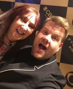 Karen Salkin and James Corden.  We finally found one thing that James Corden cannot do--he's a terrible photographer!  Photo by...James Corden! (The big one at the top of the page, where James Corden loves the story Karen Salkin is telling him, is by Lisa Politz.)