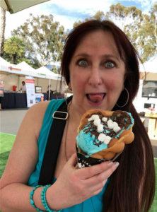 Karen Salkin, crazily drooling over her ice cream waffle, which...matches her dress!!! Photo by Lisa Politz.