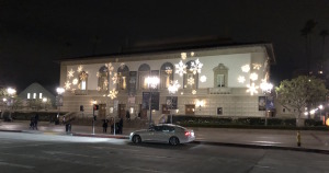 The exterior of the Pasadena Civic at holiday time. Photo by Karen Salkin.
