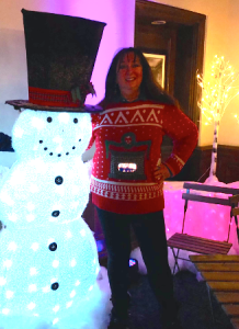 Karen Salkin and her new bestie, the Snowman, in the Winter Wonderland.  Fabulous sweater courtesy of Mr. X!