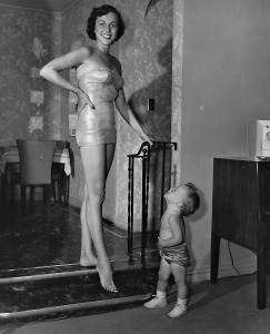 Bess Myerson with baby daughter Barra Grant.  At least Barra looked up to her mother back then! Photo courtesy of Pageant Productions.