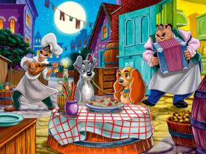 The iconic Italian restaurant scene from Lady and the Tramp.